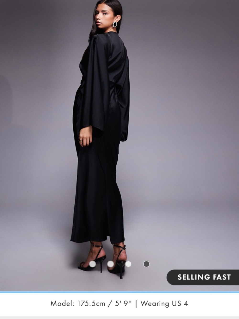 ASOS Curve Black Satin Long Sleeve Maxi Dress with Draped Sleeves and Belt - Picture 8 of 8